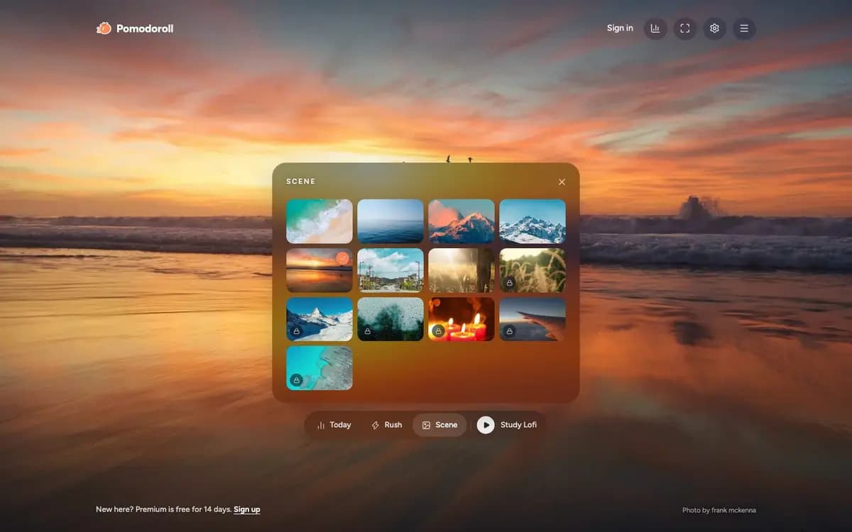 The Scene panel open over a sunset beach