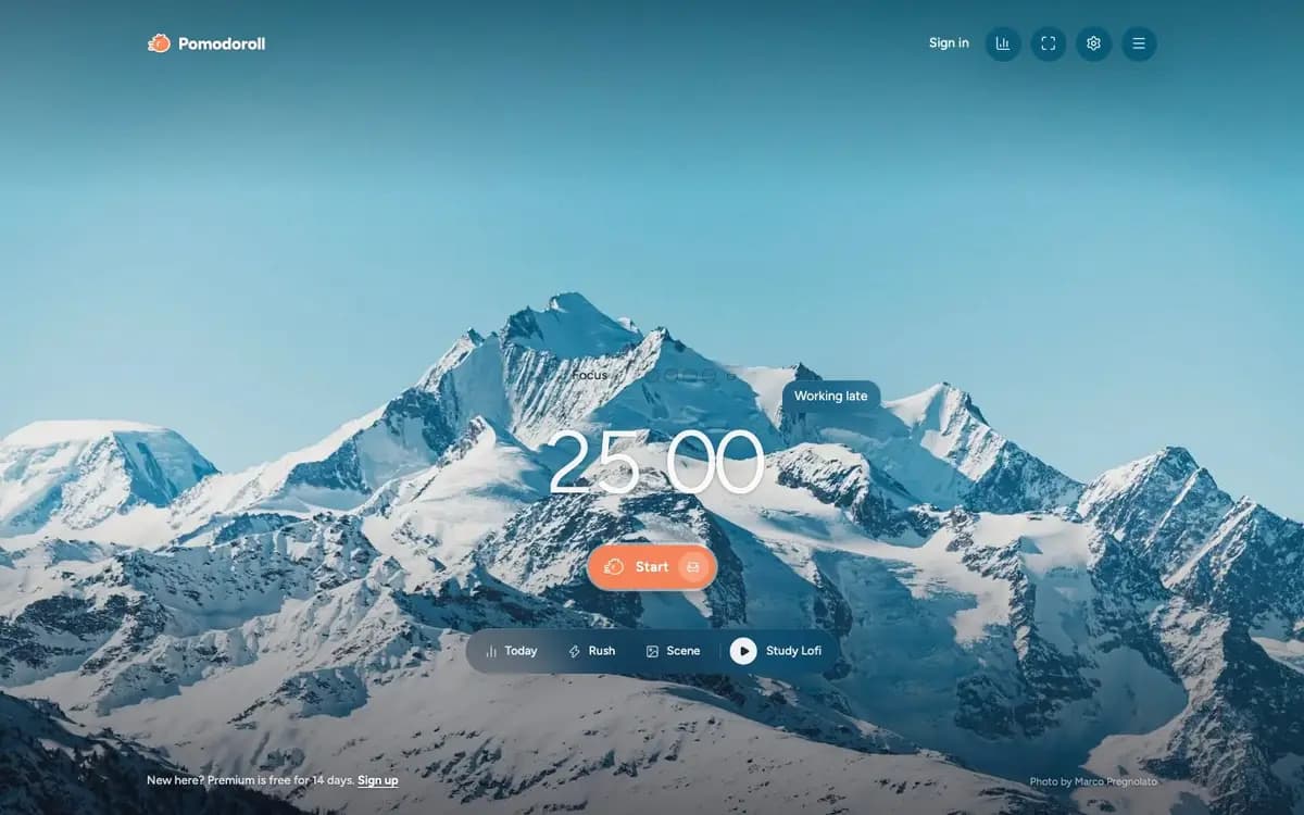 The Pomodoroll timer over a mountain scene